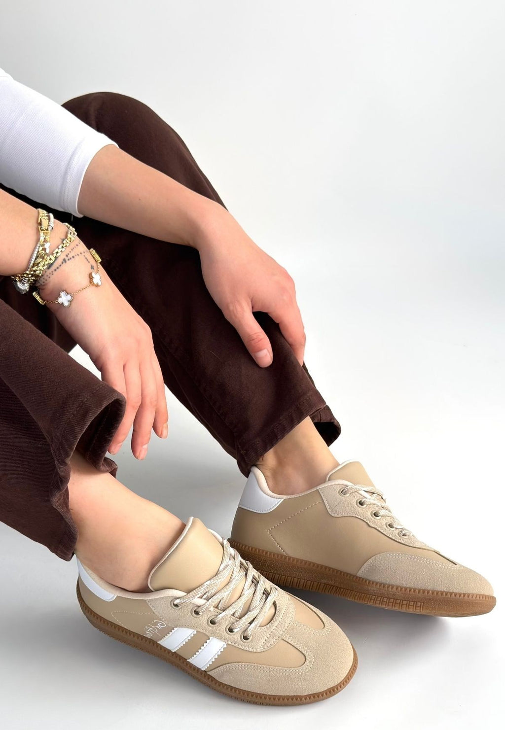 Zerti Bej Çizgili Bağcıklı Kadın Sneaker
