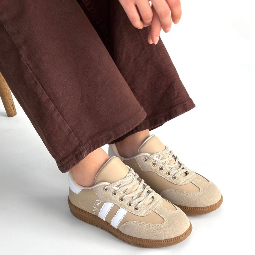 Zerti Bej Çizgili Bağcıklı Kadın Sneaker