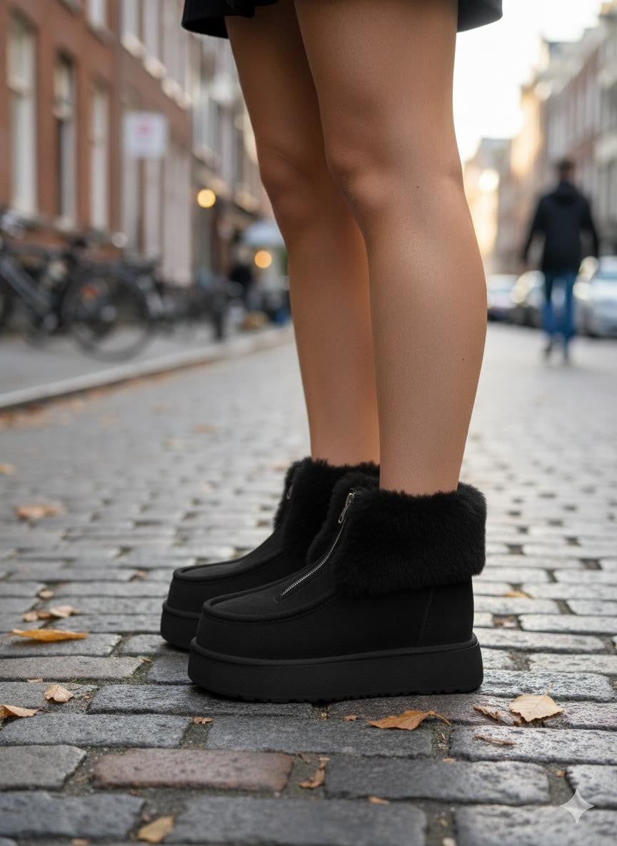 Zinya İçi Kürklü Önden Fermuarlı Premium Siyah Süet Bot