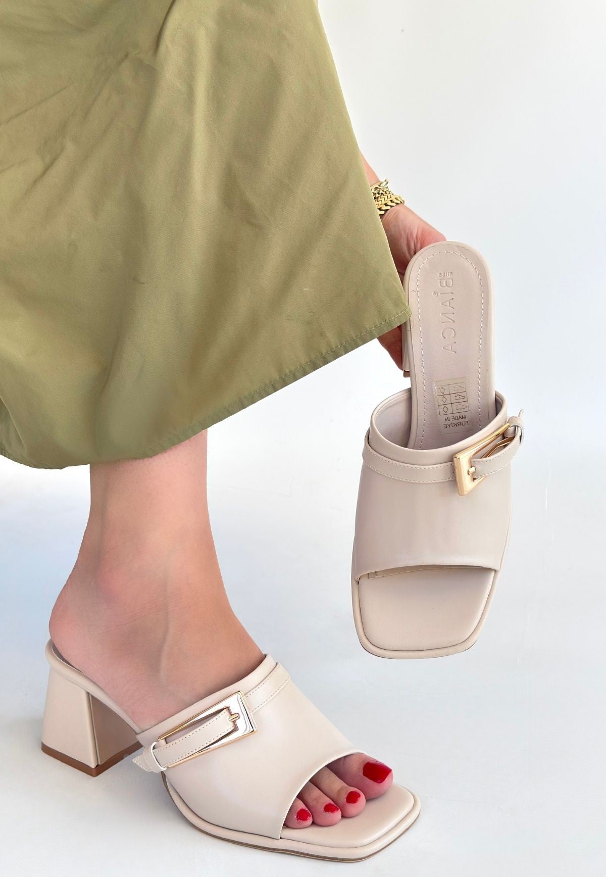 Ziva Beige Heeled Slippers