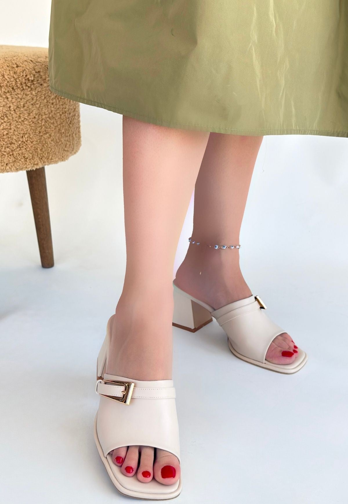 Ziva Beige Heeled Slippers