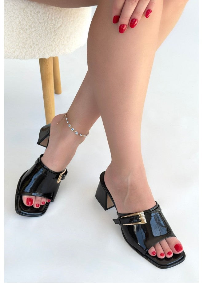 Ziva Black Patent Leather Heeled Slippers