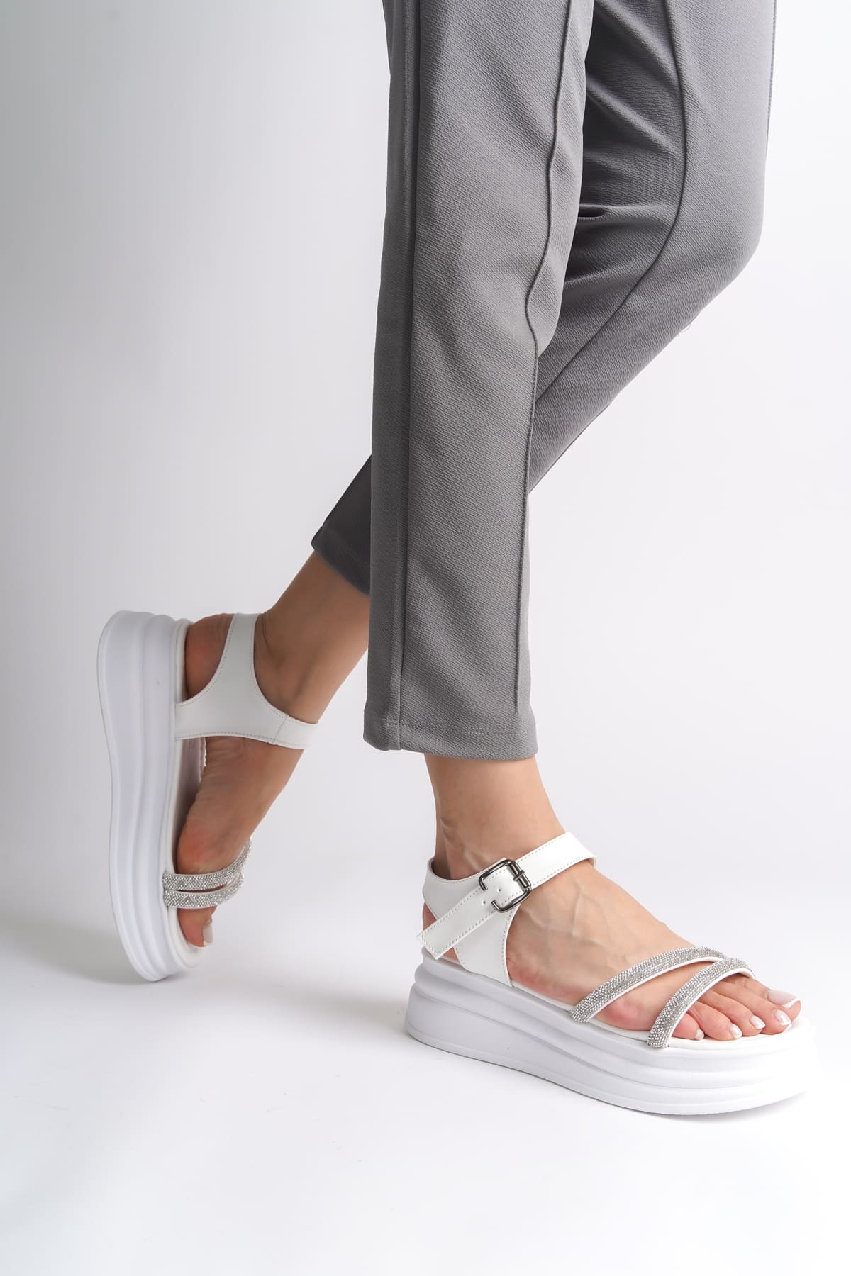 ZLOHE Buckled Stoned Striped Orthopedic Women's Sandals - White