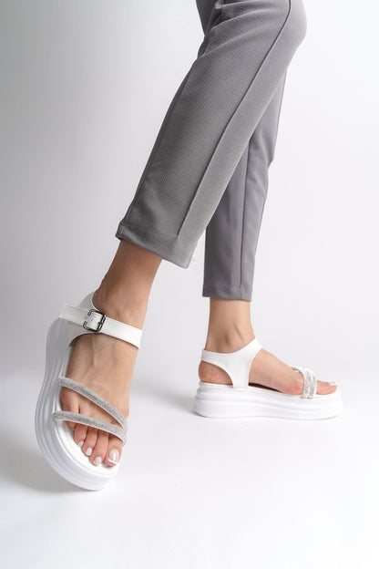 ZLOHE Buckled Stoned Striped Orthopedic Women's Sandals - White