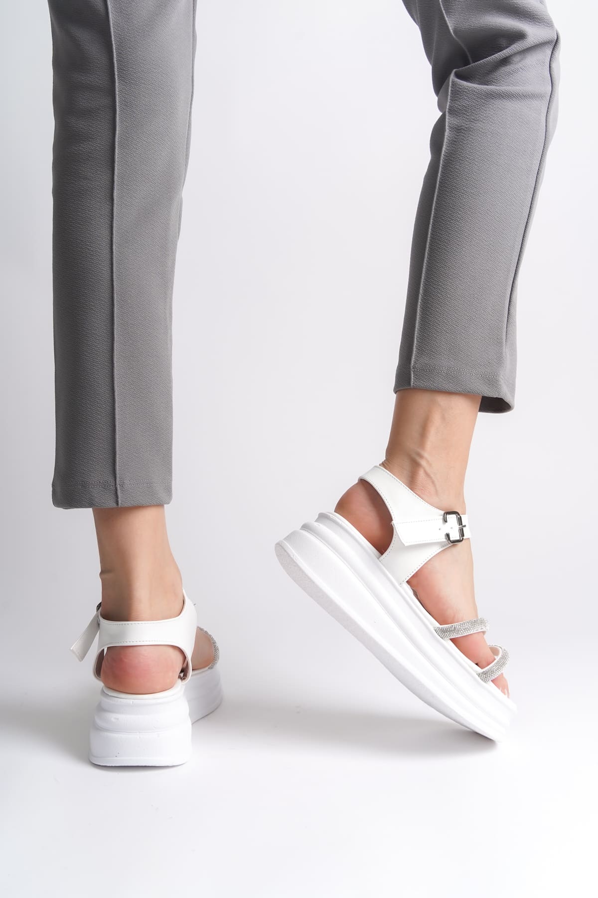 ZLOHE Buckled Stoned Striped Orthopedic Women's Sandals - White