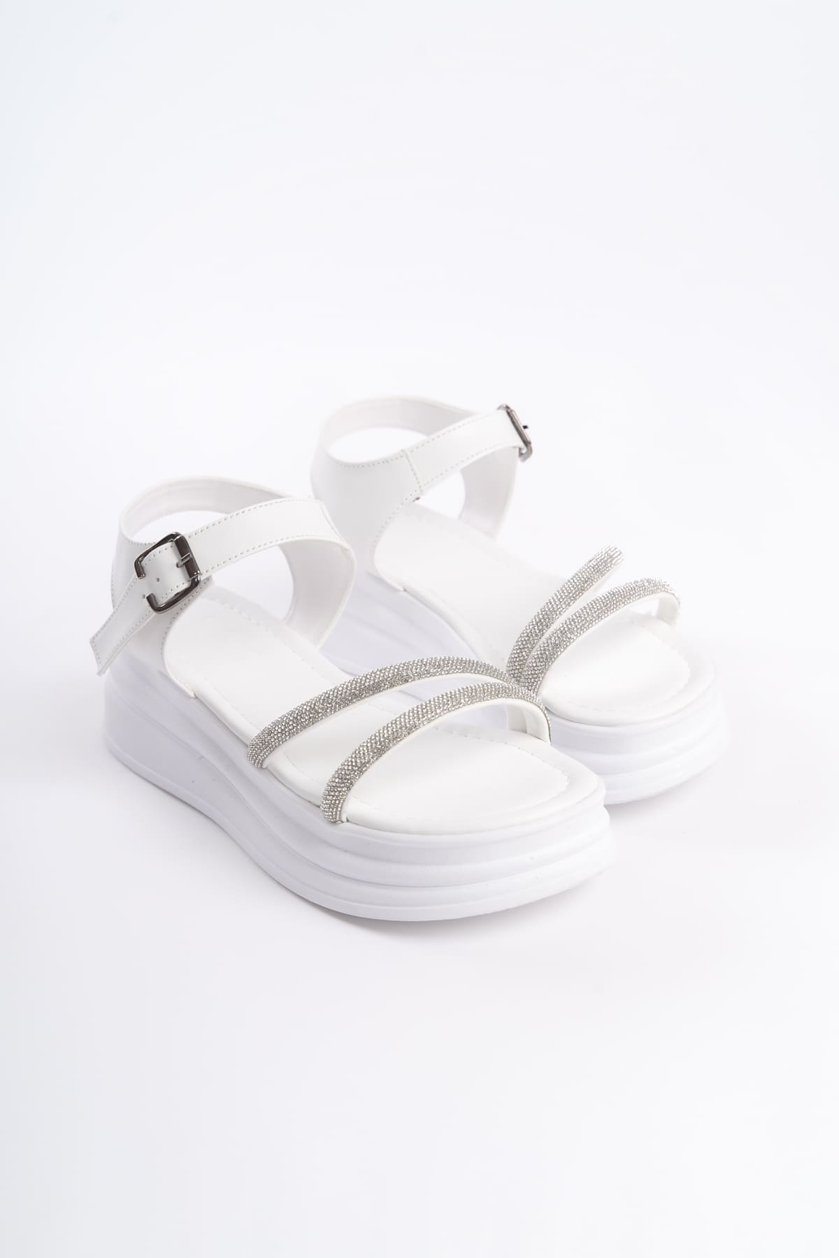 ZLOHE Buckled Stoned Striped Orthopedic Women's Sandals - White