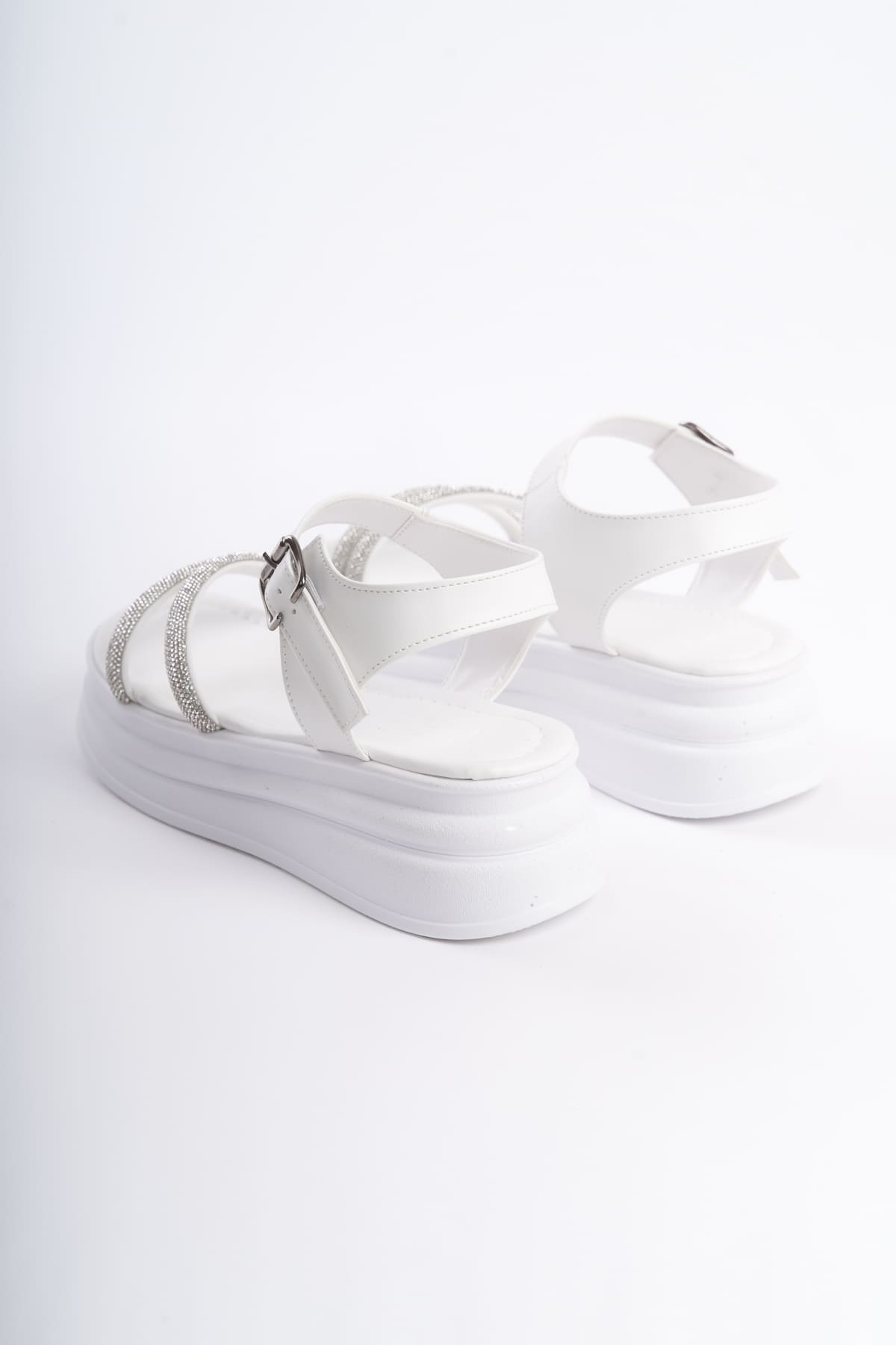 ZLOHE Buckled Stoned Striped Orthopedic Women's Sandals - White