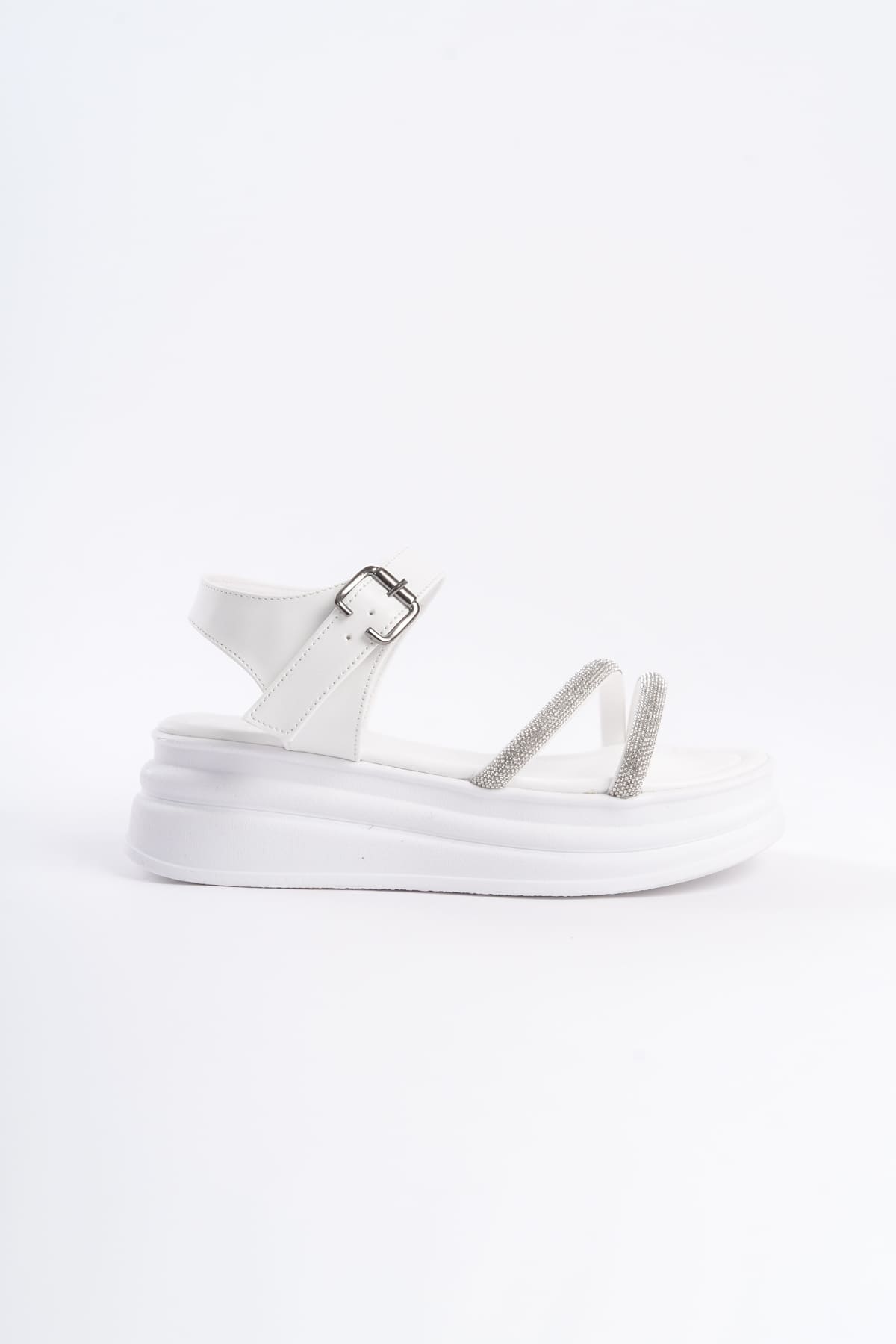 ZLOHE Buckled Stoned Striped Orthopedic Women's Sandals - White
