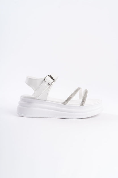 ZLOHE Buckled Stoned Striped Orthopedic Women's Sandals - White