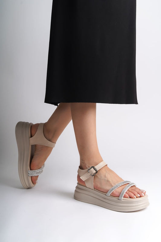 ZLOHE Buckled Stoned Striped Orthopedic Women's Sandals - Cream