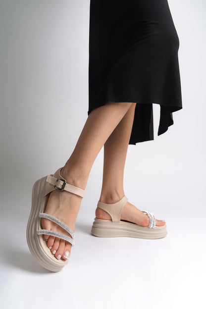 ZLOHE Buckled Stoned Striped Orthopedic Women's Sandals - Cream