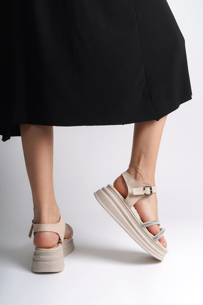 ZLOHE Buckled Stoned Striped Orthopedic Women's Sandals - Cream