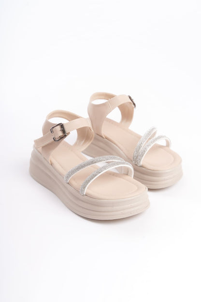 ZLOHE Buckled Stoned Striped Orthopedic Women's Sandals - Cream