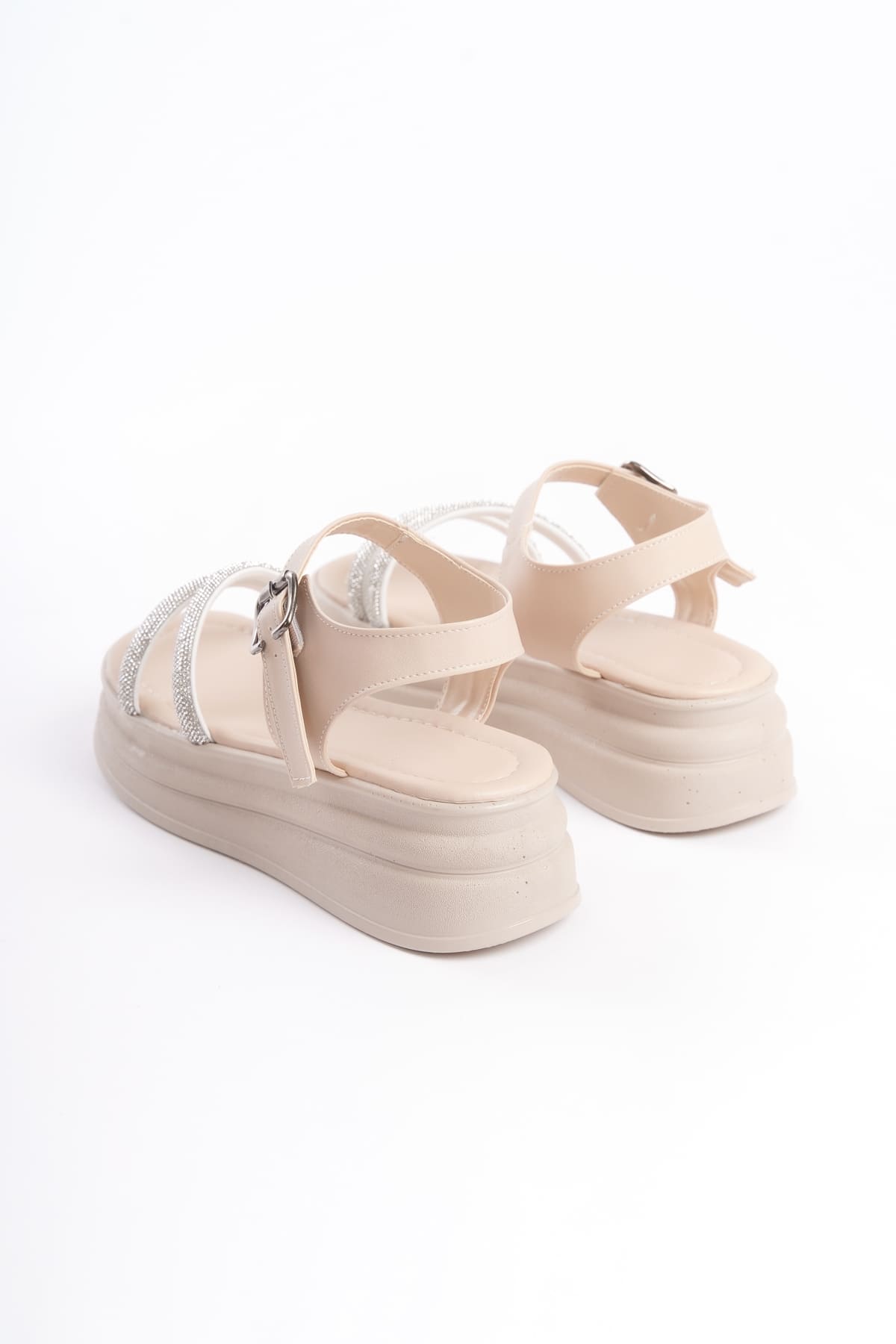 ZLOHE Buckled Stoned Striped Orthopedic Women's Sandals - Cream