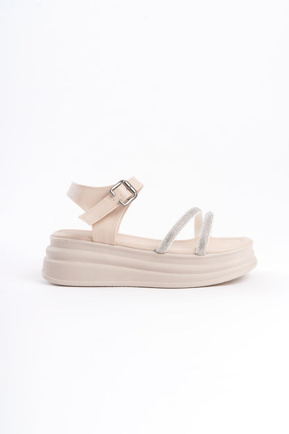 ZLOHE Buckled Stoned Striped Orthopedic Women's Sandals - Cream