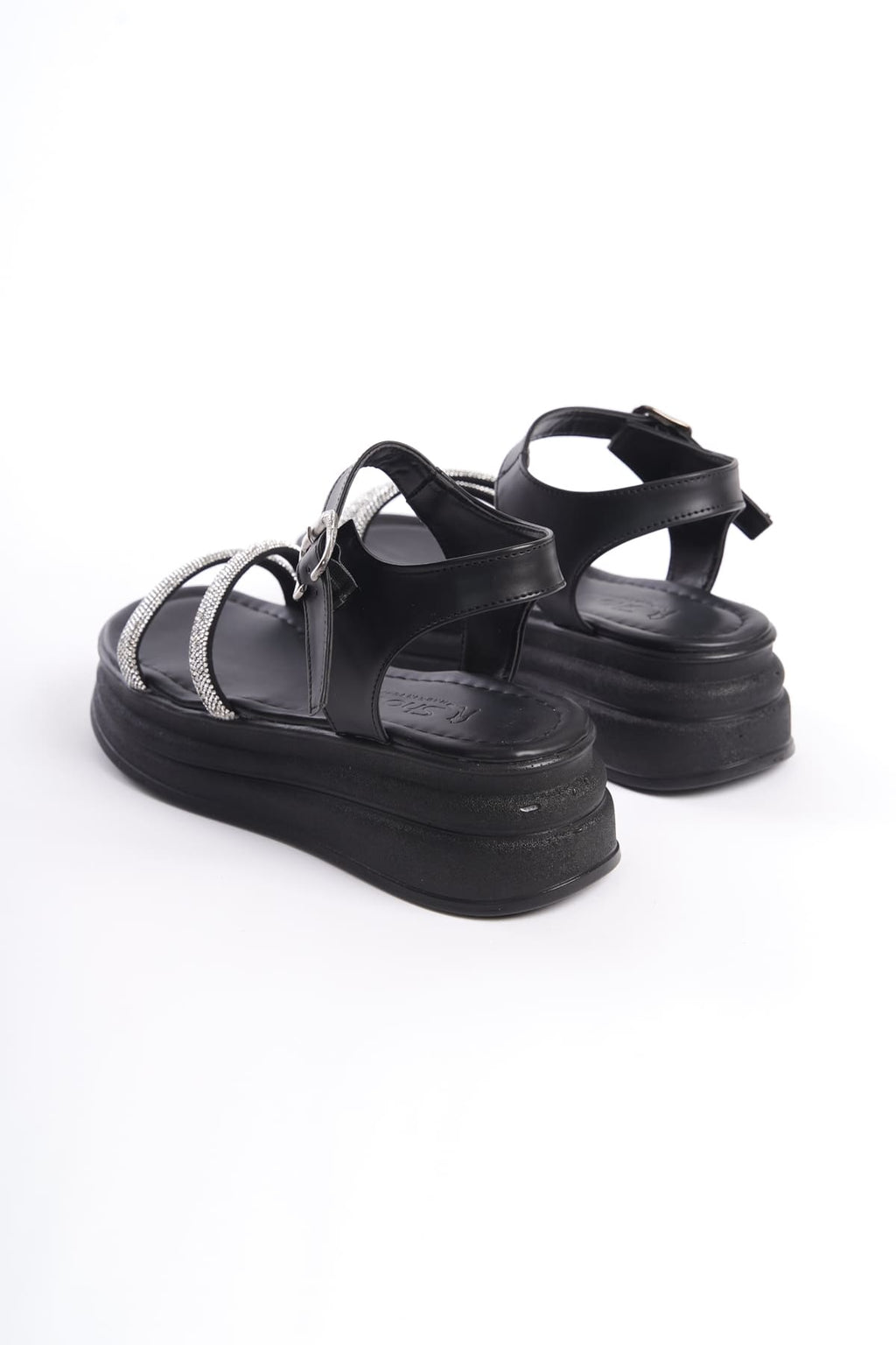 ZLOHE Tokalı Taşlı Şeritli Ortopedik Kadın Sandalet - Siyah