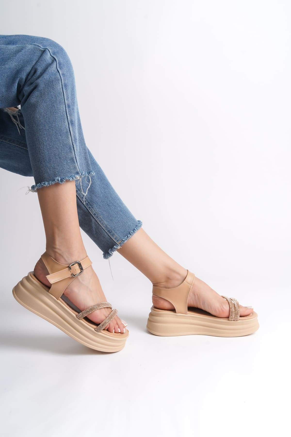 ZLOHE Buckled Stoned Striped Orthopedic Women's Sandals - Ten