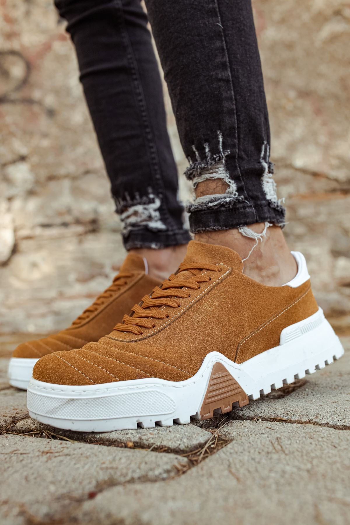 ZRC037 Yüksek Kalite Bağcıklı Kalın Taban Erkek Sneaker Taba Süet
