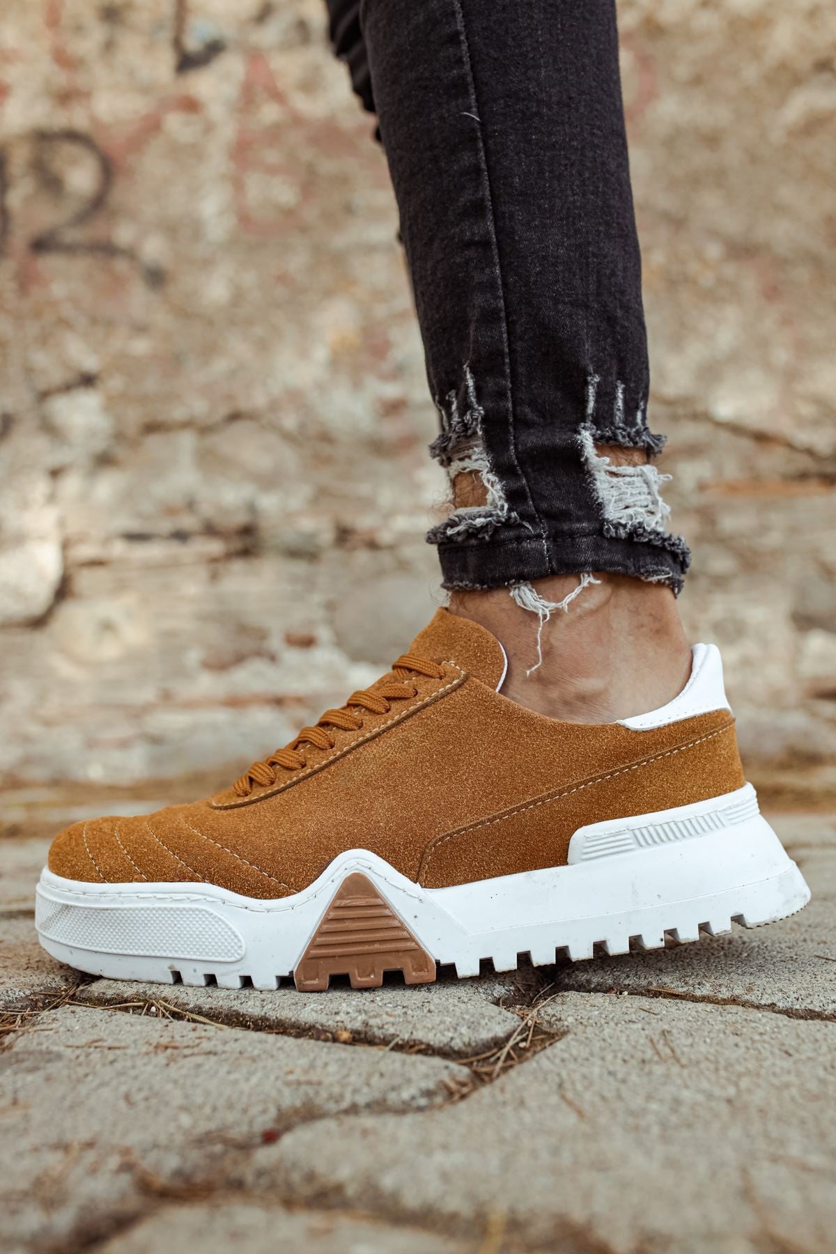 ZRC037 Yüksek Kalite Bağcıklı Kalın Taban Erkek Sneaker Taba Süet