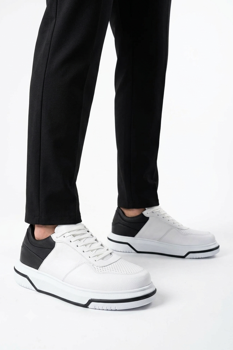 ZRC075 Yüksek Kalite Kalın Taban Bağcıklı Erkek Sneaker Beyaz Siyah