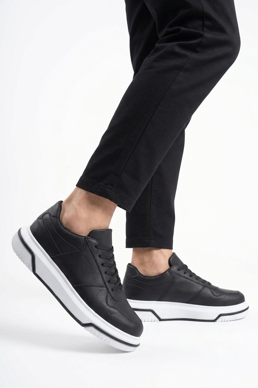 ZRC075 Yüksek Kalite Kalın Taban Bağcıklı Erkek Sneaker Siyah Beyaz