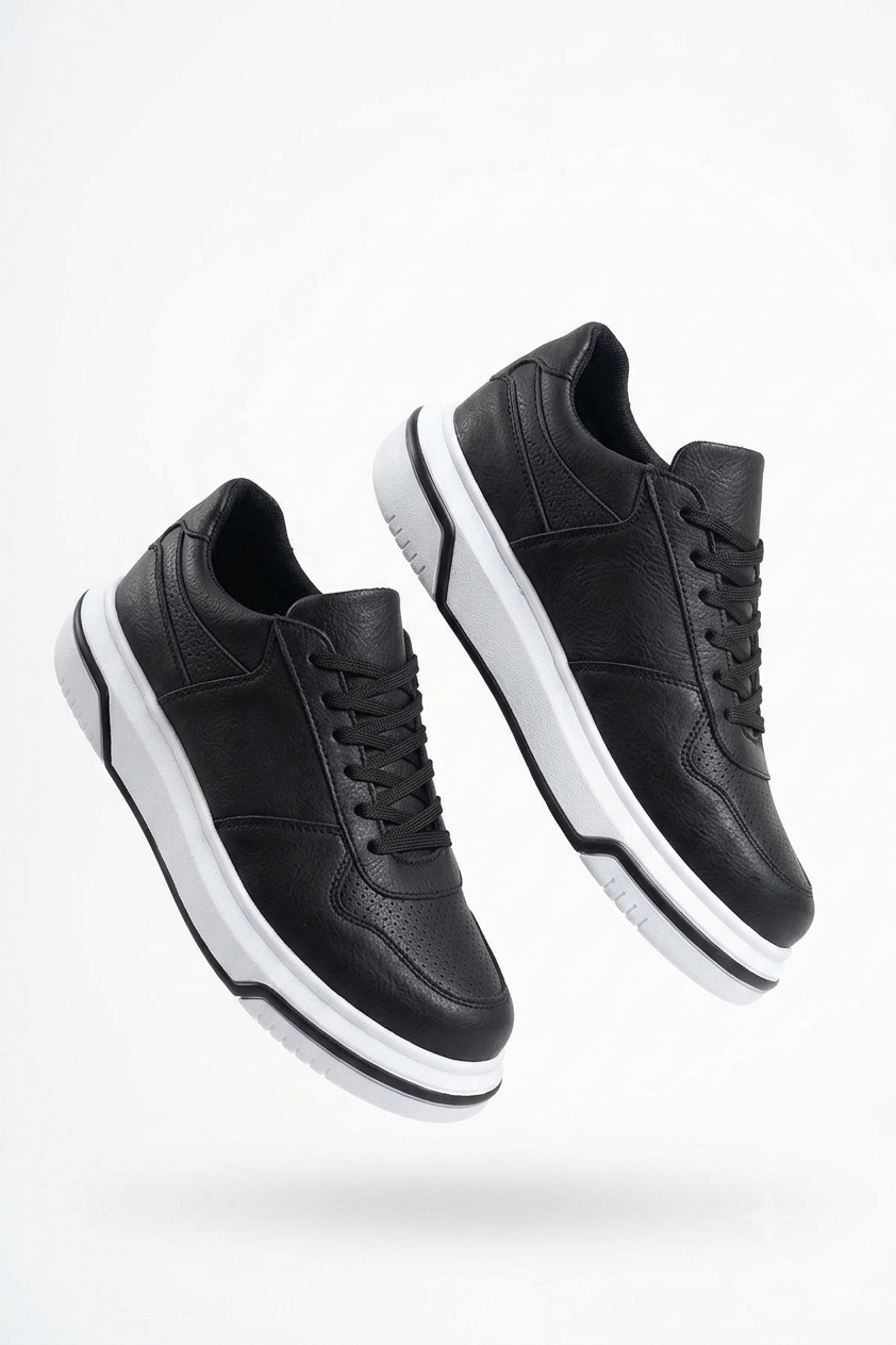 ZRC075 Yüksek Kalite Kalın Taban Bağcıklı Erkek Sneaker Siyah Beyaz