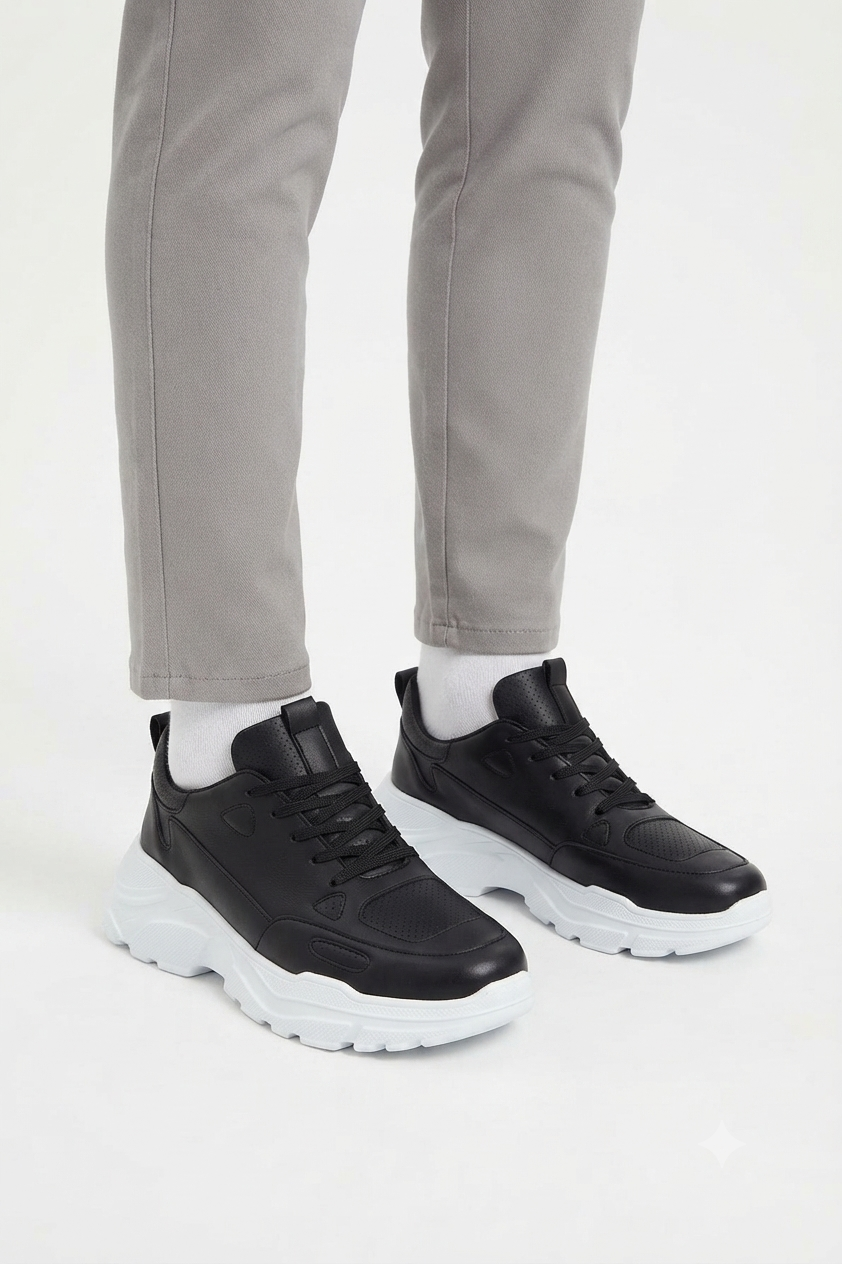ZRC089 Yüksek Kalite Premium Kalın Taban Günlük Erkek Sneaker Siyah Beyaz