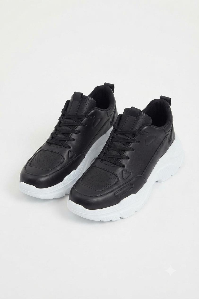 ZRC089 Yüksek Kalite Premium Kalın Taban Günlük Erkek Sneaker Siyah Beyaz