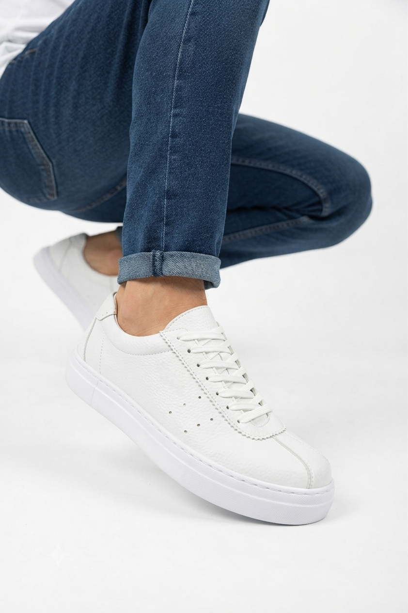 ZRC163 Yüksek Kalite Bağcıklı Kalın Taban Erkek Beyaz Sneaker