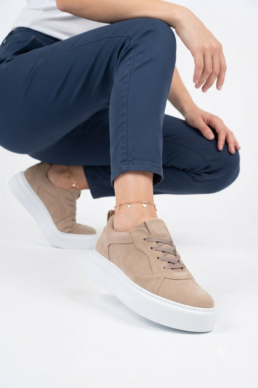 ZRC187 Yüksek Taban 5 cm Ortopedik Kum Bej Kadın Sneakers