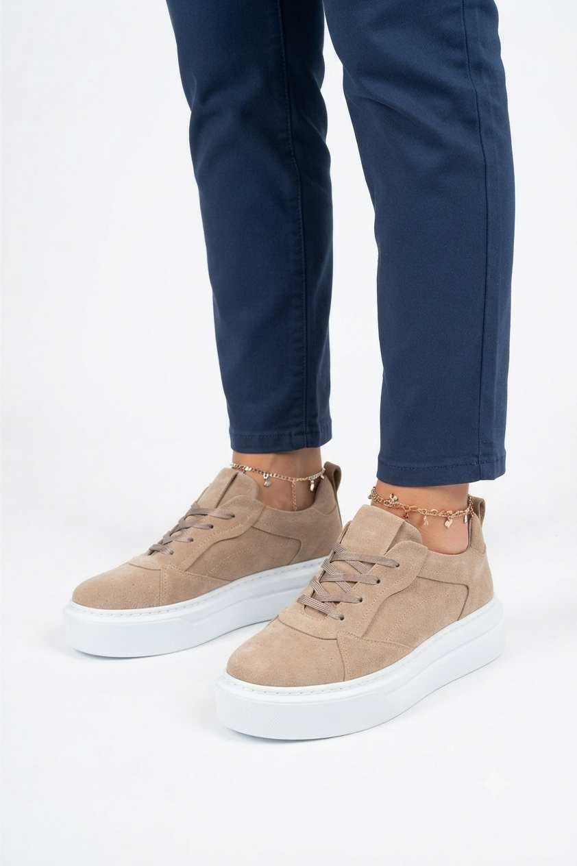 ZRC187 Yüksek Taban 5 cm Ortopedik Kum Bej Kadın Sneakers