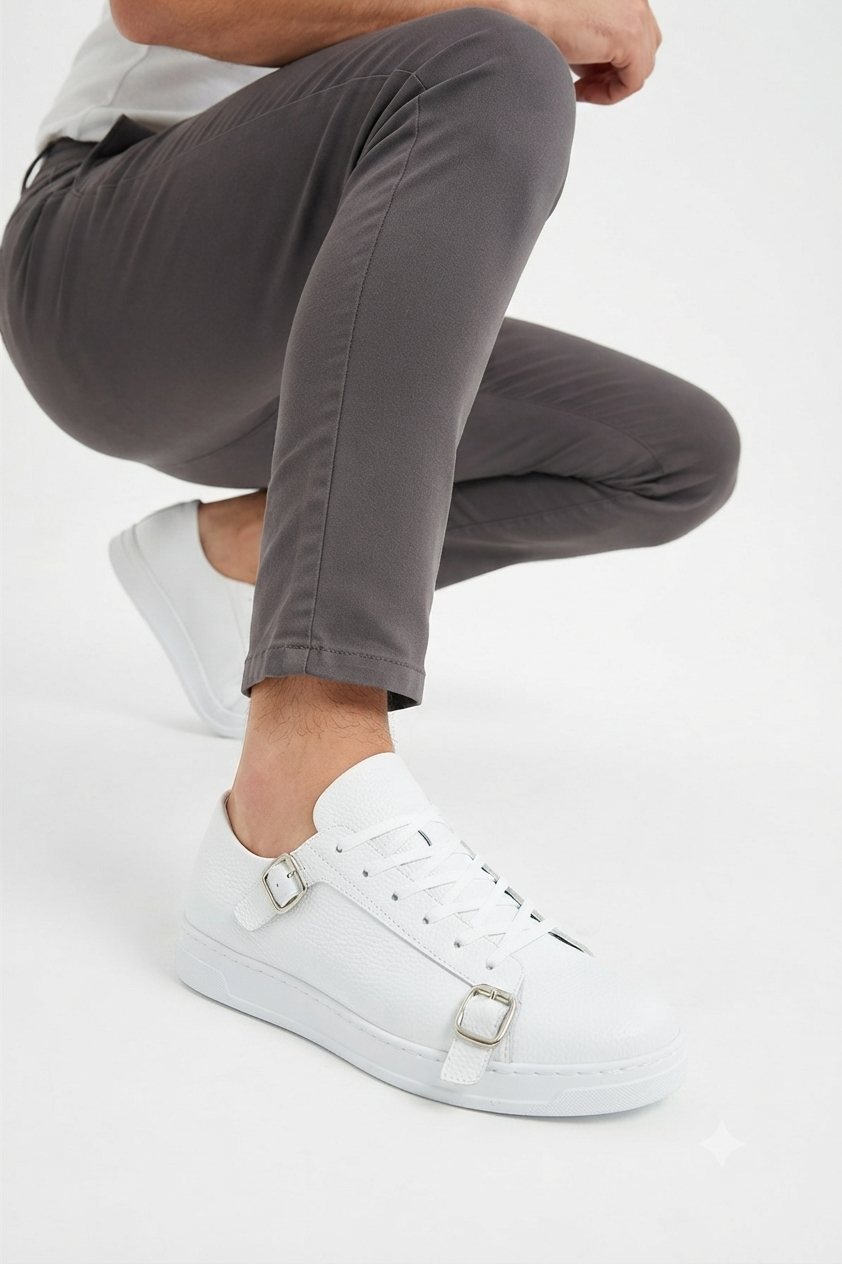 ZRC191 Yüksek Kalite Kemer Detaylı Şık Günlük Erkek Sneaker Beyaz