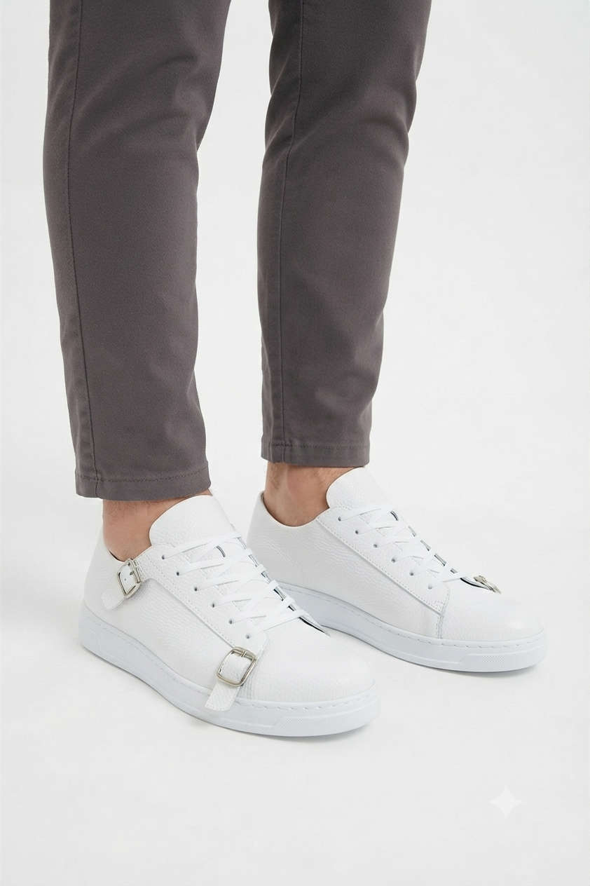 ZRC191 Yüksek Kalite Kemer Detaylı Şık Günlük Erkek Sneaker Beyaz