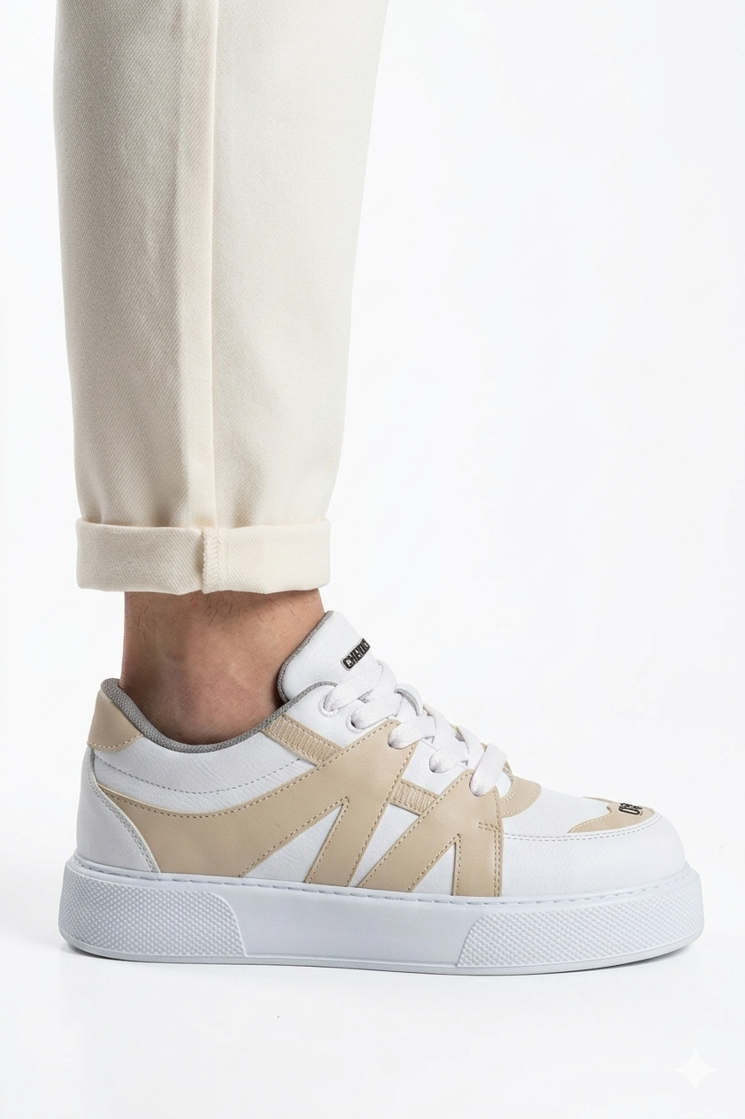 ZRC2407 Yüksek Kalite Kalın Taban Erkek Sneaker Beyaz Bej