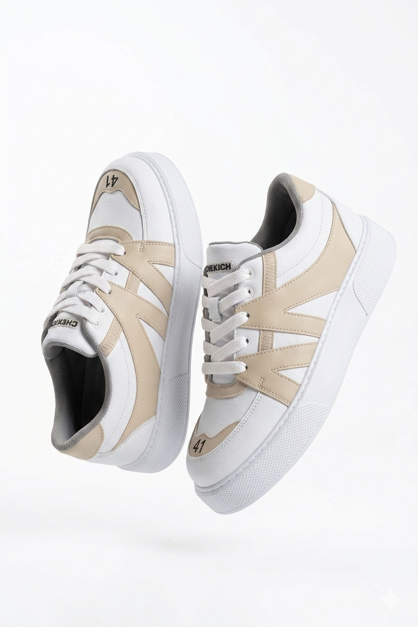 ZRC2407 Yüksek Kalite Kalın Taban Erkek Sneaker Beyaz Bej