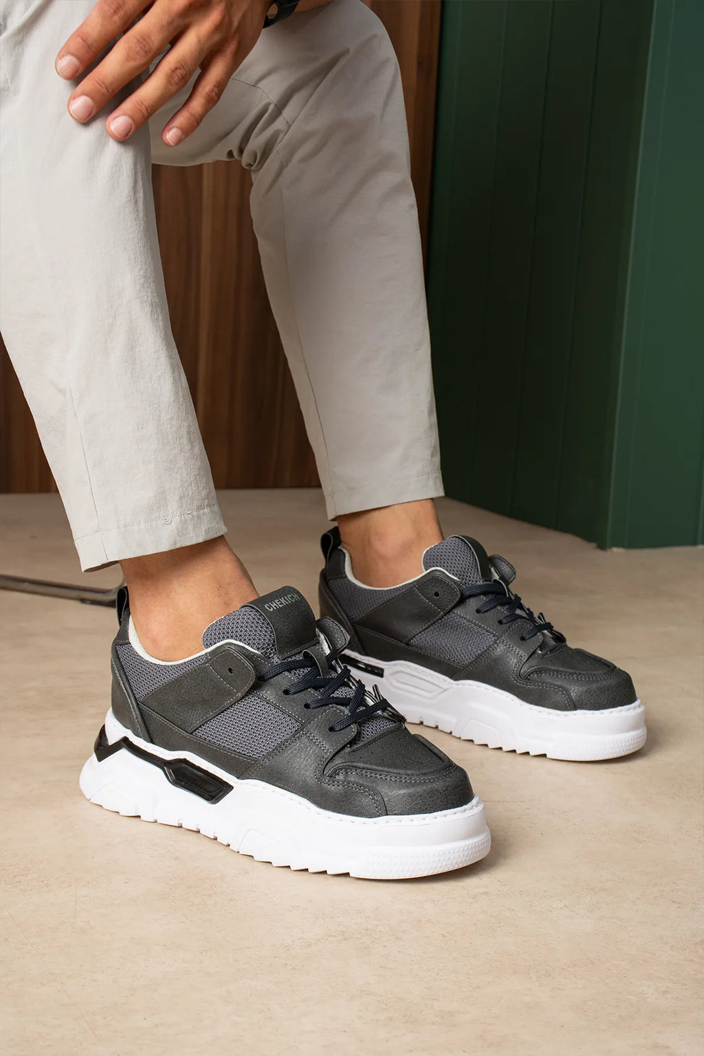 ZRC2617 - Premium Yüksek Kalite 5.5 cm Kalın Taban Erkek Sneaker Gri