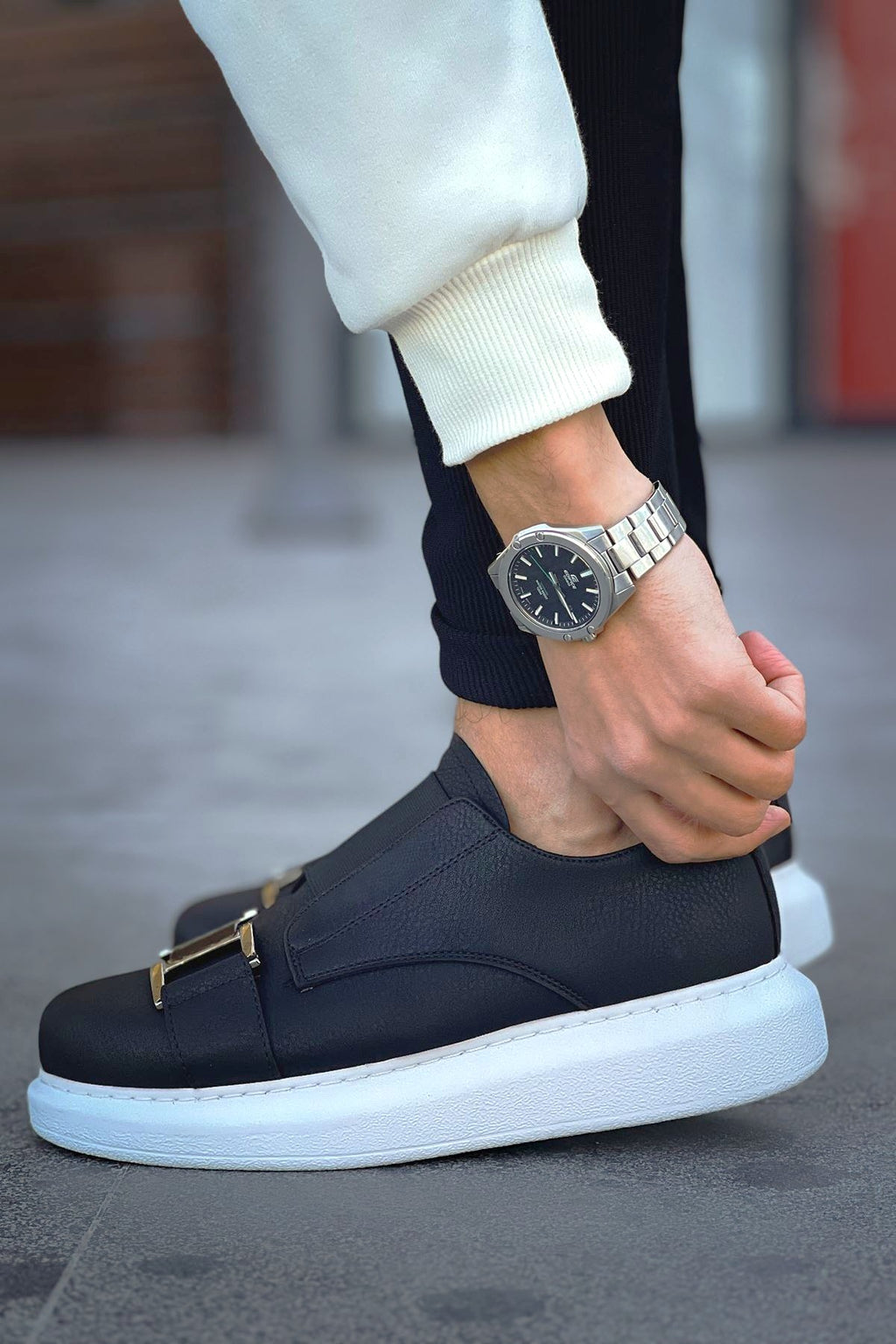 ZRCX297 Premium Erkek Lastikli Ortopedik Sneaker Siyah Beyaz