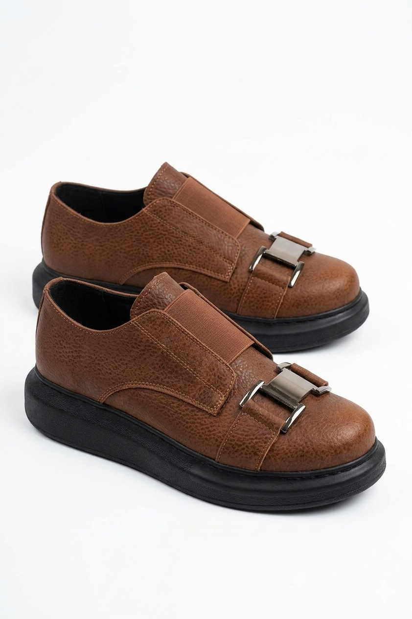ZRCX297 Premium Erkek Lastikli Ortopedik Sneaker Taba Siyah