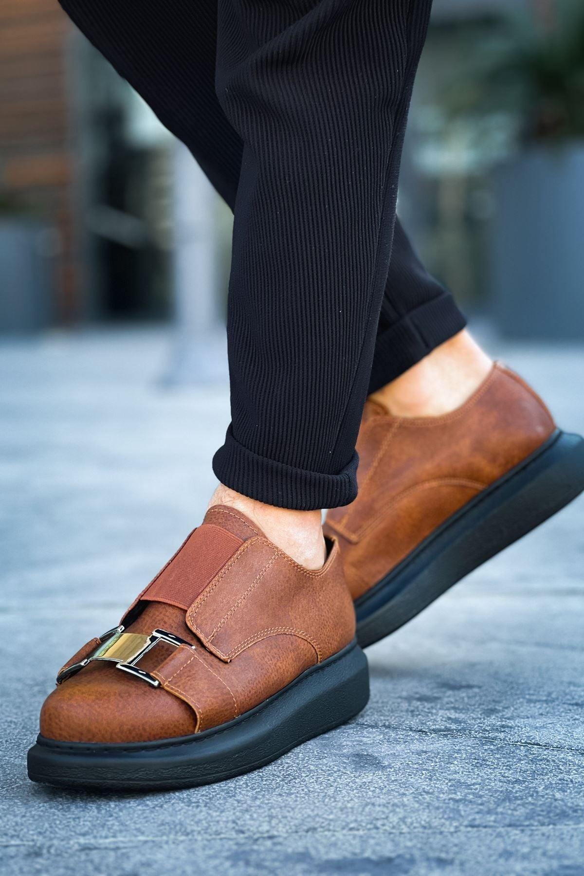 ZRCX297 Premium Erkek Lastikli Ortopedik Sneaker Taba Siyah