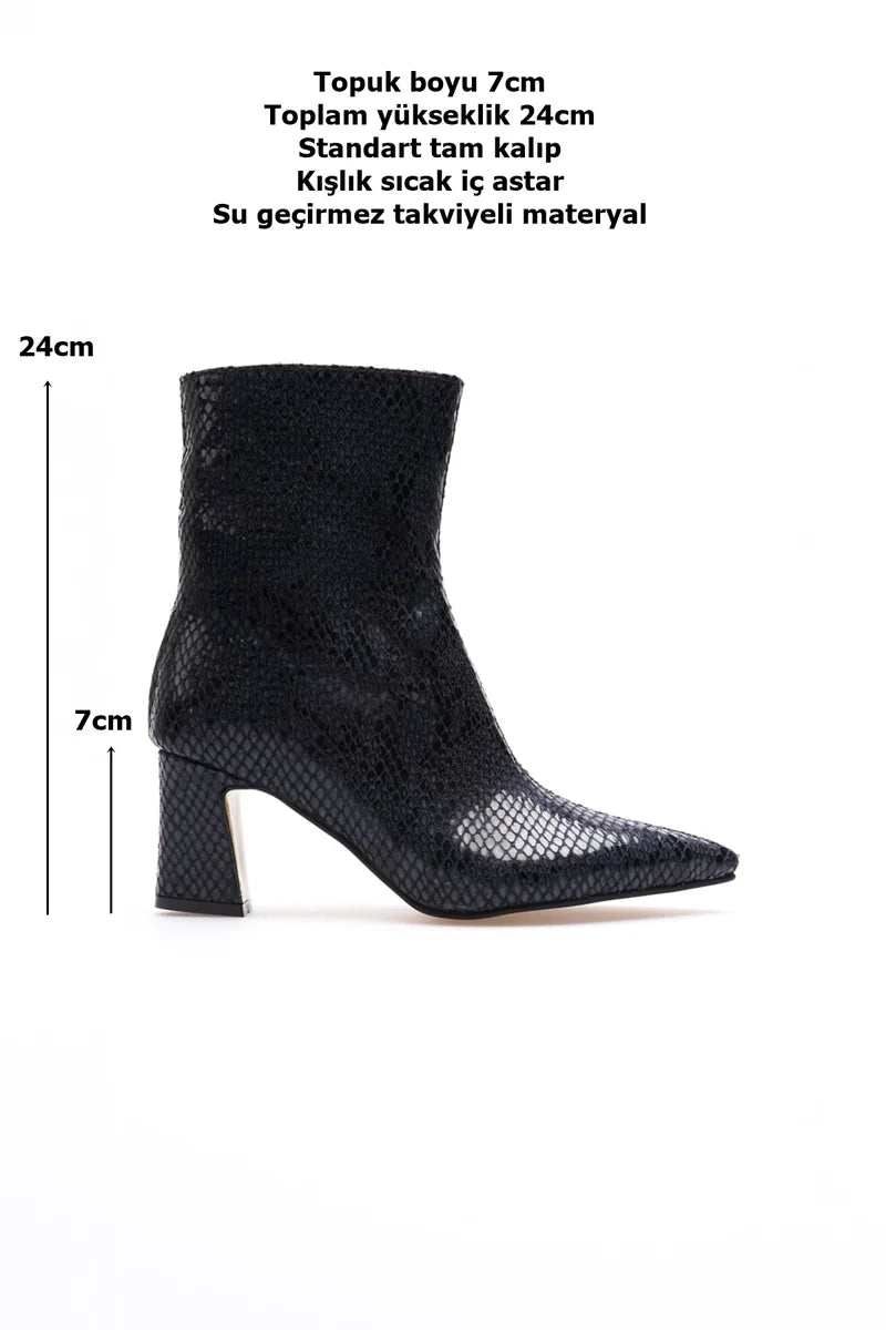 ZRCB2 Premium Lacivert Kroko Desenli Kalın Topuklu Fermuarlı Kışlık Bot (7cm)