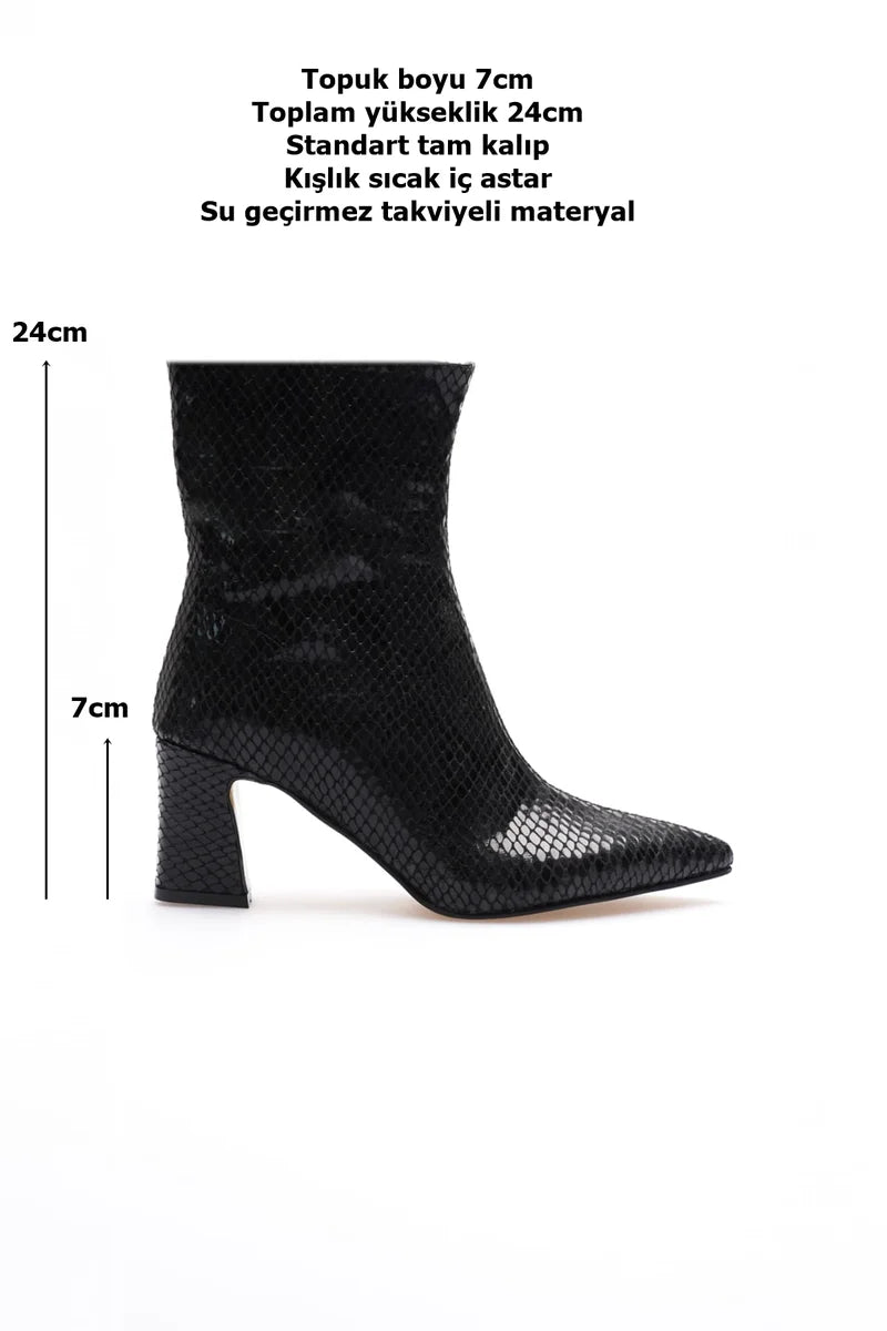 ZRCB2 Premium Siyah Kroko Desenli Kalın Topuklu Fermuarlı Kışlık Bot (7cm)