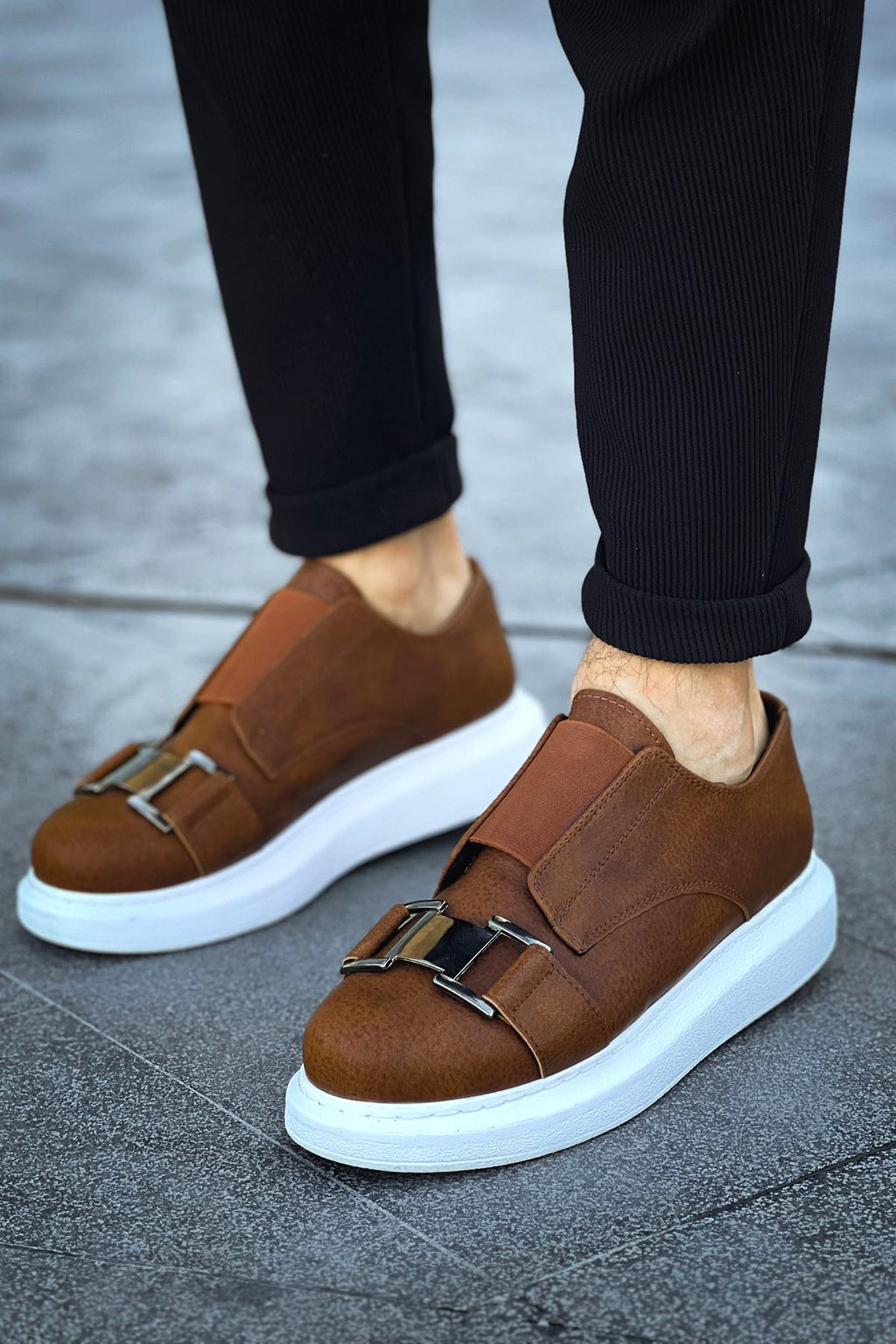 ZRCX297 Premium Erkek Lastikli Ortopedik Sneaker Taba Beyaz