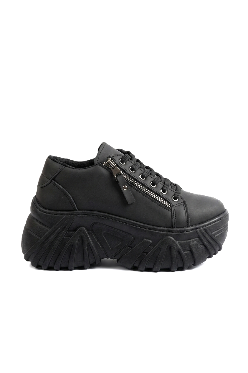 ZRİN-156 Premium Siyah Bağcıklı Fermuarlı Yüksek Taban Kadın Sneaker 8 cm