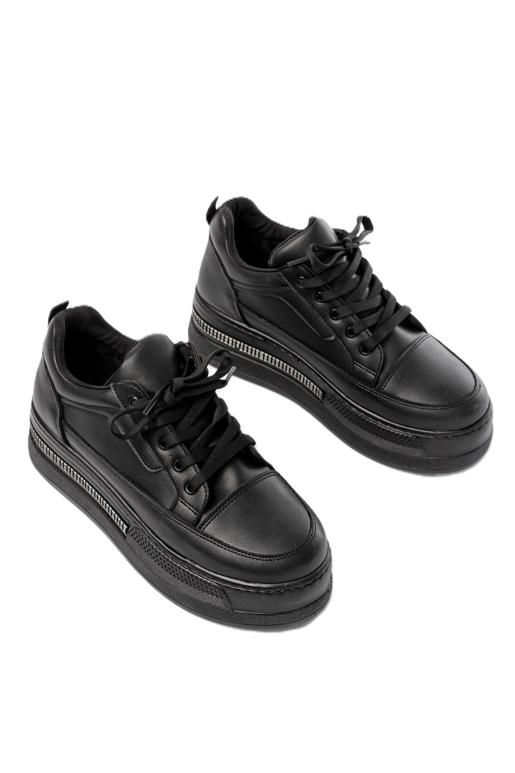 ZRİN-1999 Premium Siyah Bağcıklı Taban Taş Aksesuarlı Kadın Sneaker