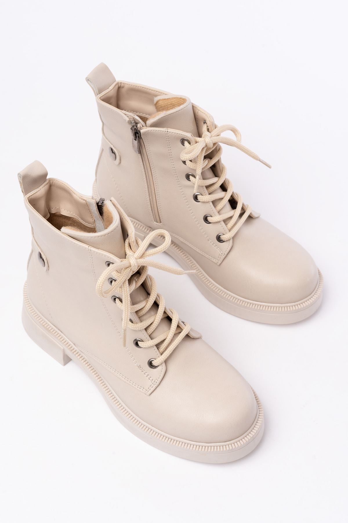 ZRİN-2003 Premium Bej Bağcıklı Fermuarlı Günlük Kadın Bot