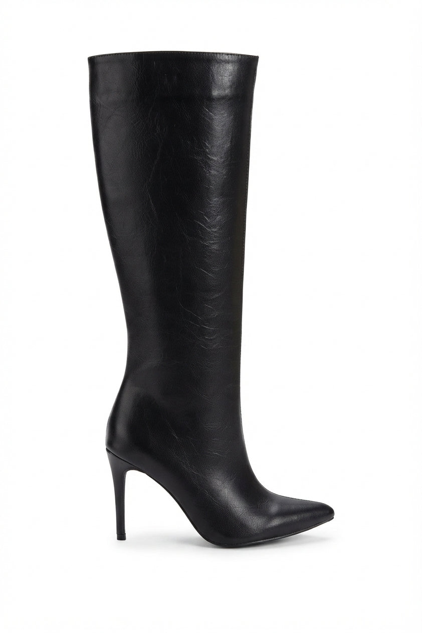 ZRİN-2007 Premium İnce Topuk Sivri Burun Siyah Kırışık Fermuarlı Günlük Kadın Çizme 9,5 cm