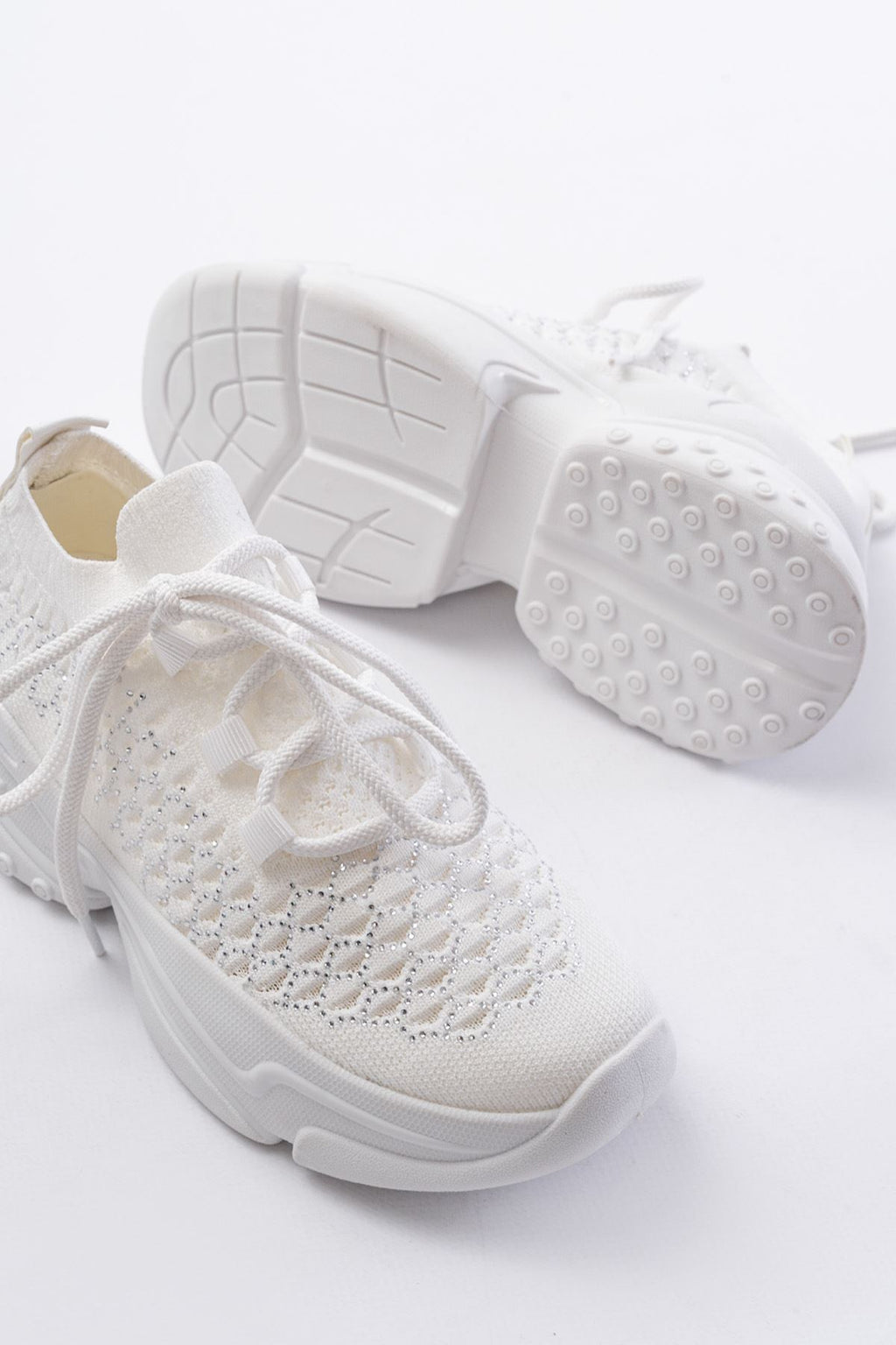 ZR-2024 Yüksek Kalite Beyaz Bağcıklı Triko Taşlı Slip-On Kadın Spor Ayakkabı