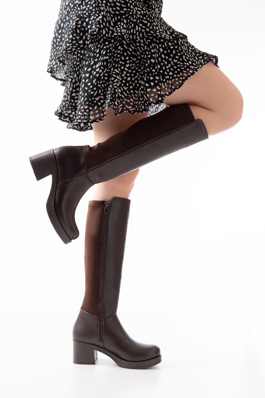 ZRİN-3060 Premium Kahverengi Topuklu Fermuarlı Streç Kadın Çizme