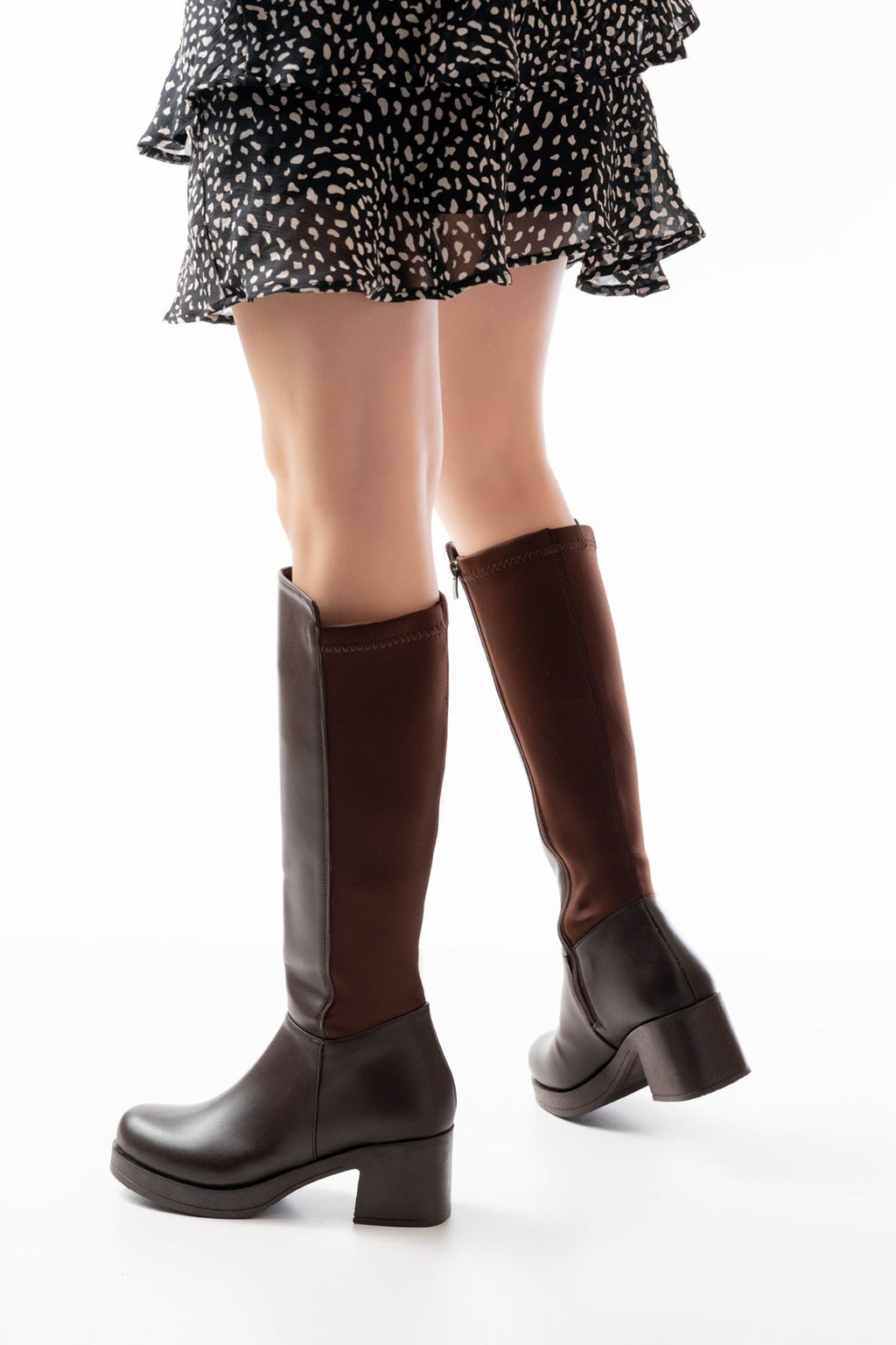 ZRİN-3060 Premium Kahverengi Topuklu Fermuarlı Streç Kadın Çizme