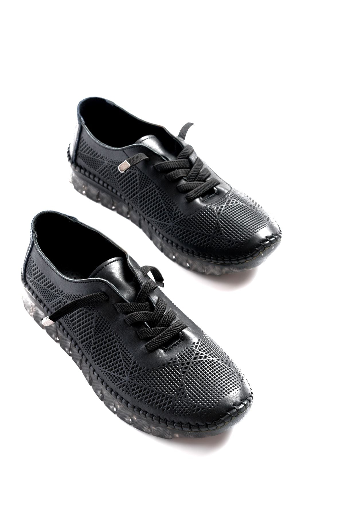 ZRİN-365 Siyah Desenli Hakiki Deri Tam Ortopedik Comfort Spor Babet